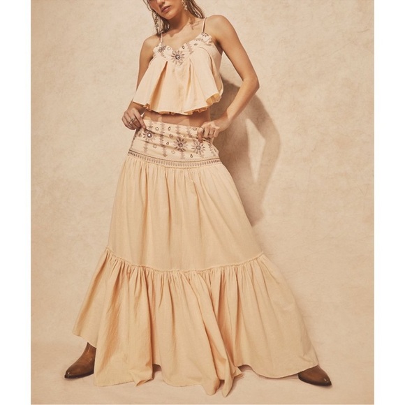 Free People Crystal Cove Linen Embellished Top & MIDI Skirt Set L - Picture 3 of 10